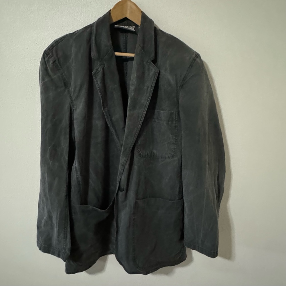 Vintage 80s Le Tigre Washed Black Cotton Longline Blazer Shoulder Pads-Medium